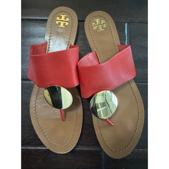 Tory Burch Patos Disc Thing Sandals Leather Red 10.5 - Picture 4 of 4